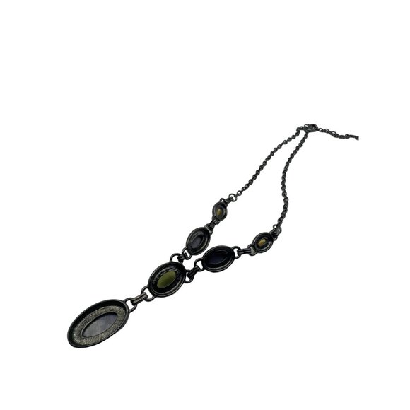 Black Metal Y Style Lariat Necklace Multi stone Gray Green and Gold Stones - Picture 4 of 5